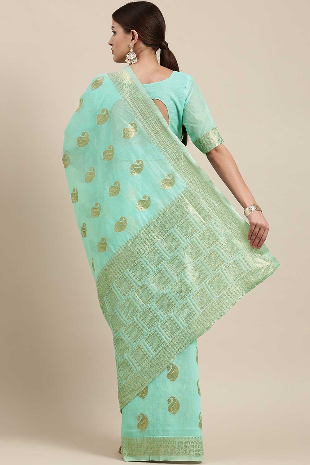 Shop Sahara Sea Green Bagh Blended Linen One Minute Saree at best offer at our  Store - One Minute Saree