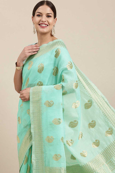 Buy Sahara Sea Green Bagh Blended Linen One Minute Saree Online