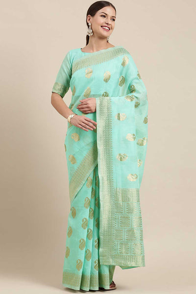 Buy Sahara Sea Green Bagh Blended Linen One Minute Saree Online - Back
