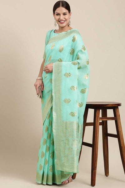 Buy Sahara Sea Green Bagh Blended Linen One Minute Saree Online - One Minute Saree
