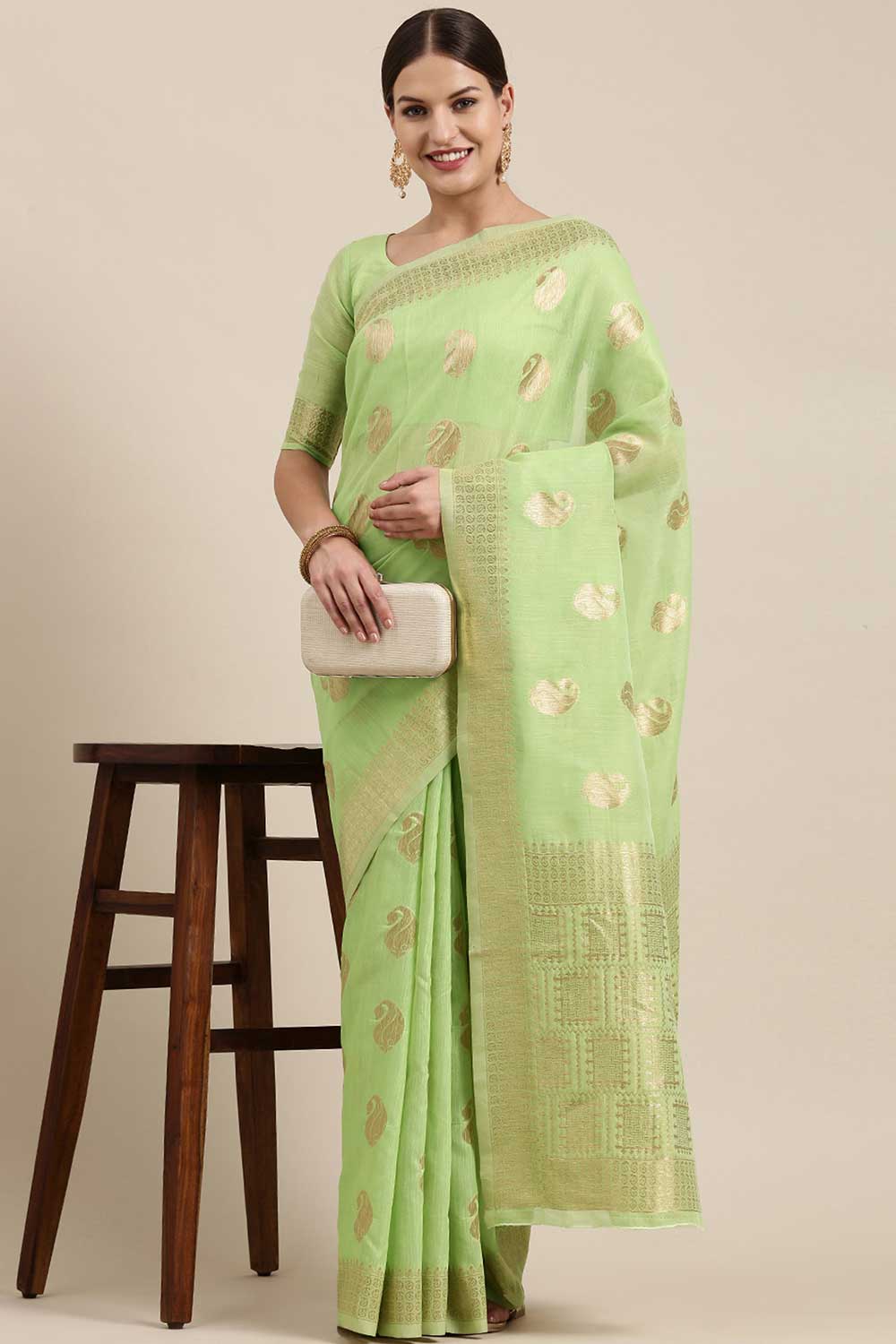 Buy Chaya Green Bagh Blended Linen One Minute Saree Online