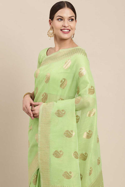 Buy Chaya Green Bagh Blended Linen One Minute Saree Online - Back