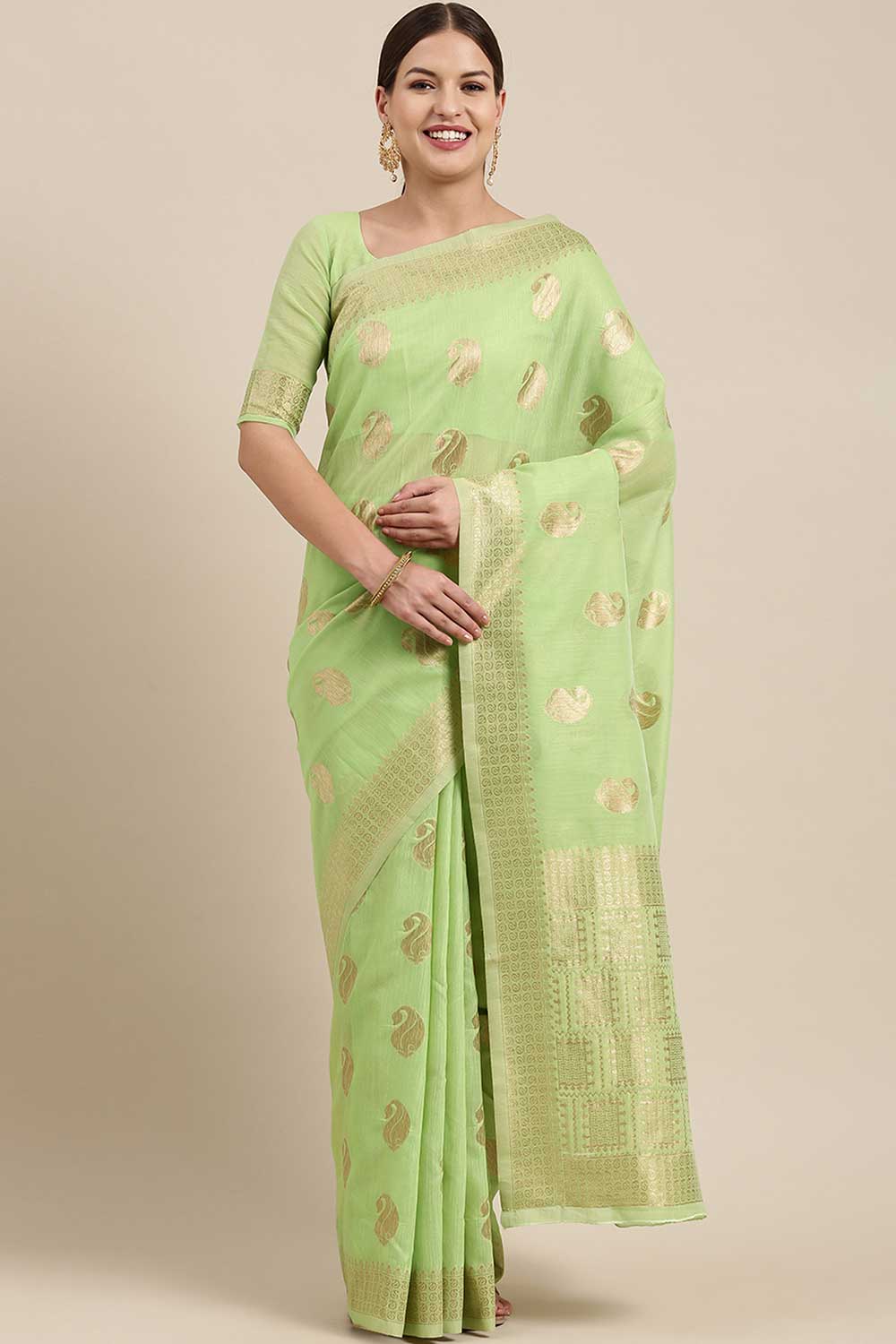 Buy Chaya Green Bagh Blended Linen One Minute Saree Online - One Minute Saree