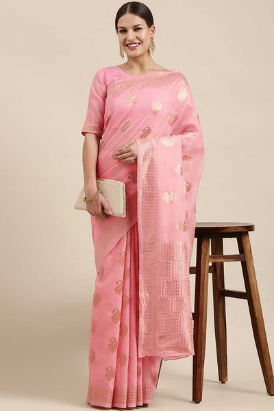 Buy Sia Pink Bagh Blended Linen One Minute Saree Online