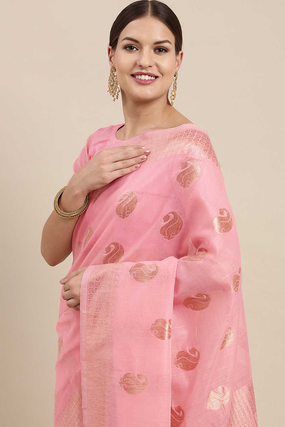 Buy Sia Pink Bagh Blended Linen One Minute Saree Online - Back