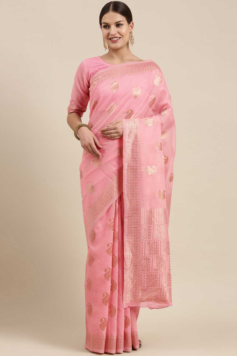 Buy Sia Pink Bagh Blended Linen One Minute Saree Online - One Minute Saree