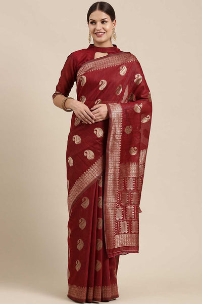 Buy Afsa Burgundy Bagh Blended Linen One Minute Saree Online - One Minute Saree
