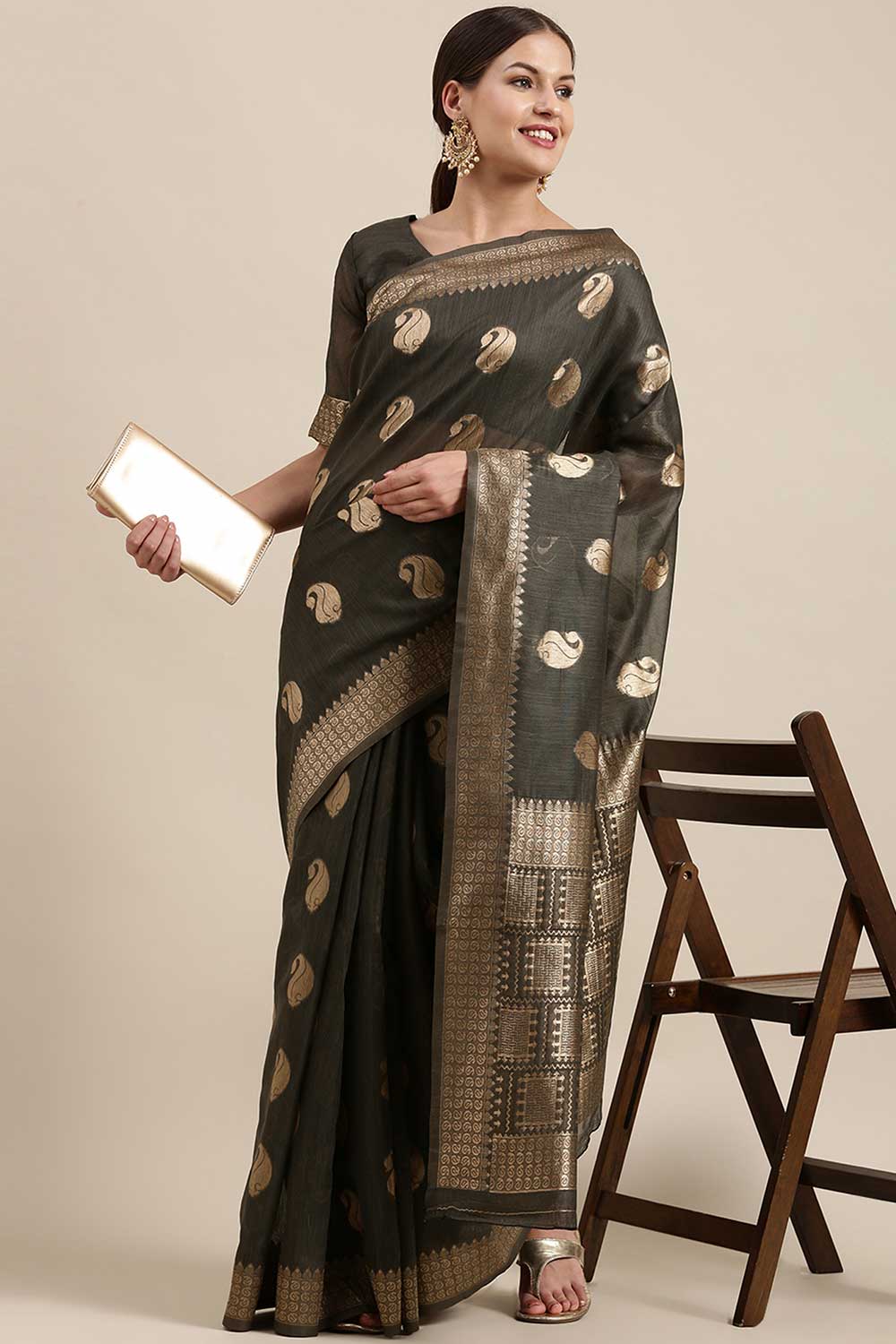 Buy Lana Charcoal Grey Bagh Blended Linen One Minute Saree Online