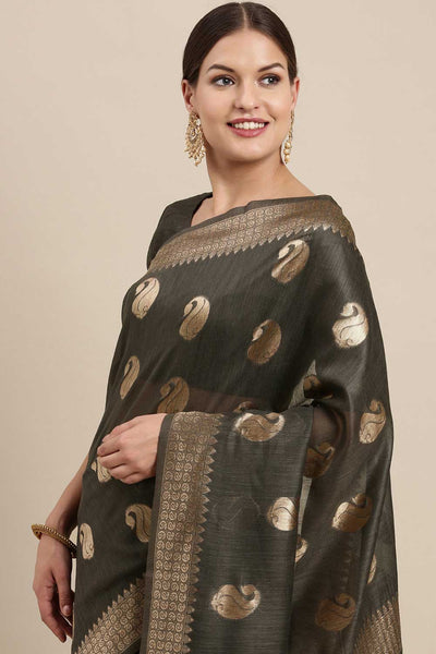 Buy Lana Charcoal Grey Bagh Blended Linen One Minute Saree Online - Back