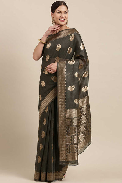 Buy Lana Charcoal Grey Bagh Blended Linen One Minute Saree Online - One Minute Saree