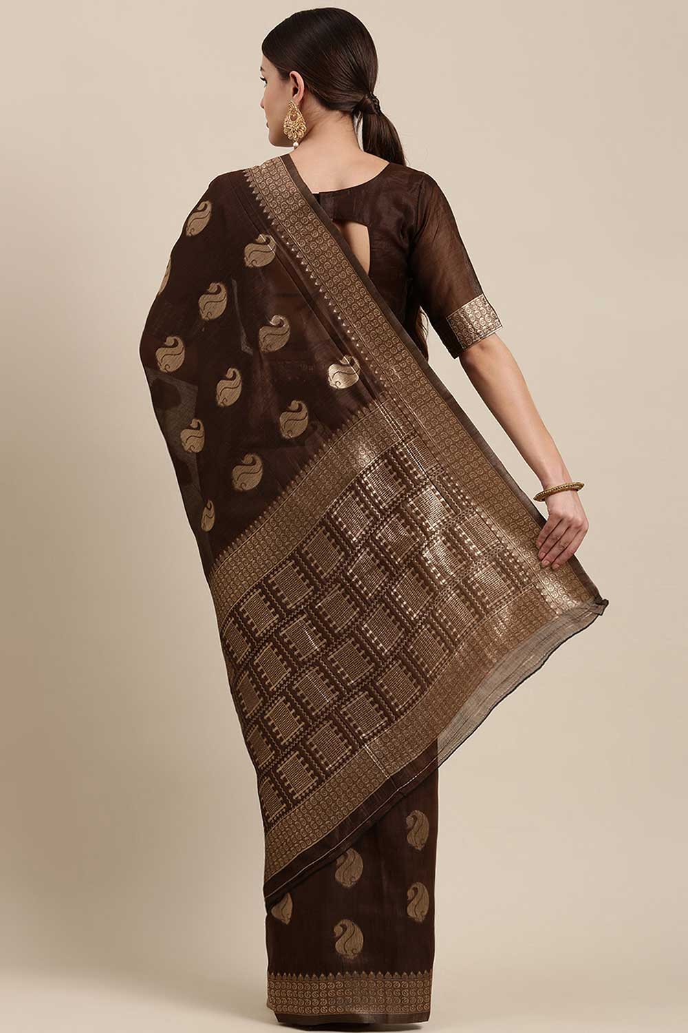 Shop Sheena Brown Bagh Blended Linen One Minute Saree at best offer at our  Store - One Minute Saree