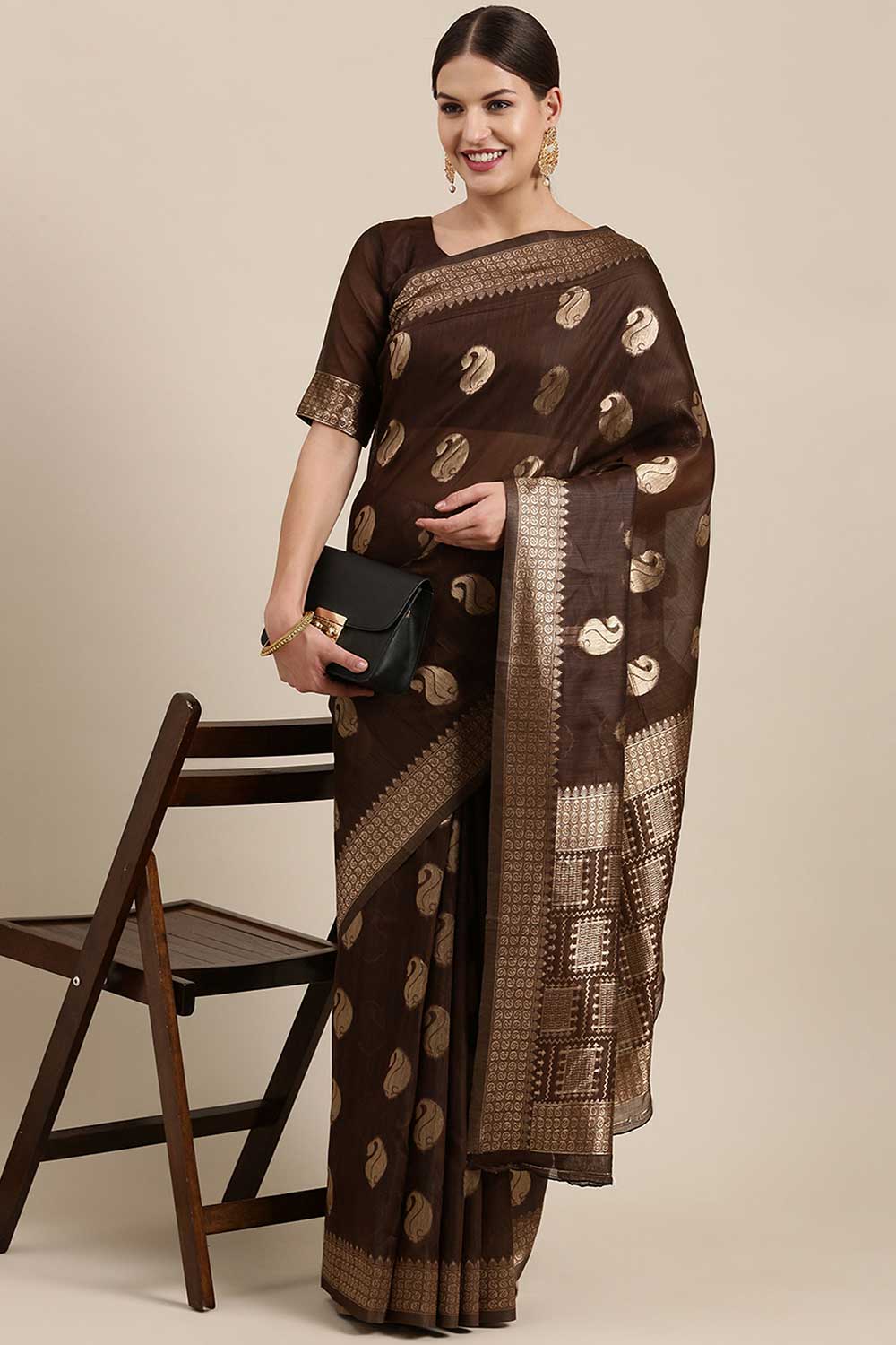 Buy Sheena Brown Bagh Blended Linen One Minute Saree Online