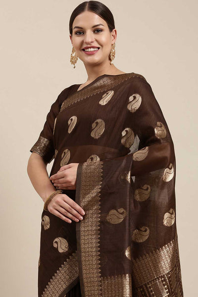 Buy Sheena Brown Bagh Blended Linen One Minute Saree Online - Back