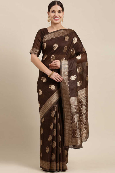 Buy Sheena Brown Bagh Blended Linen One Minute Saree Online - One Minute Saree