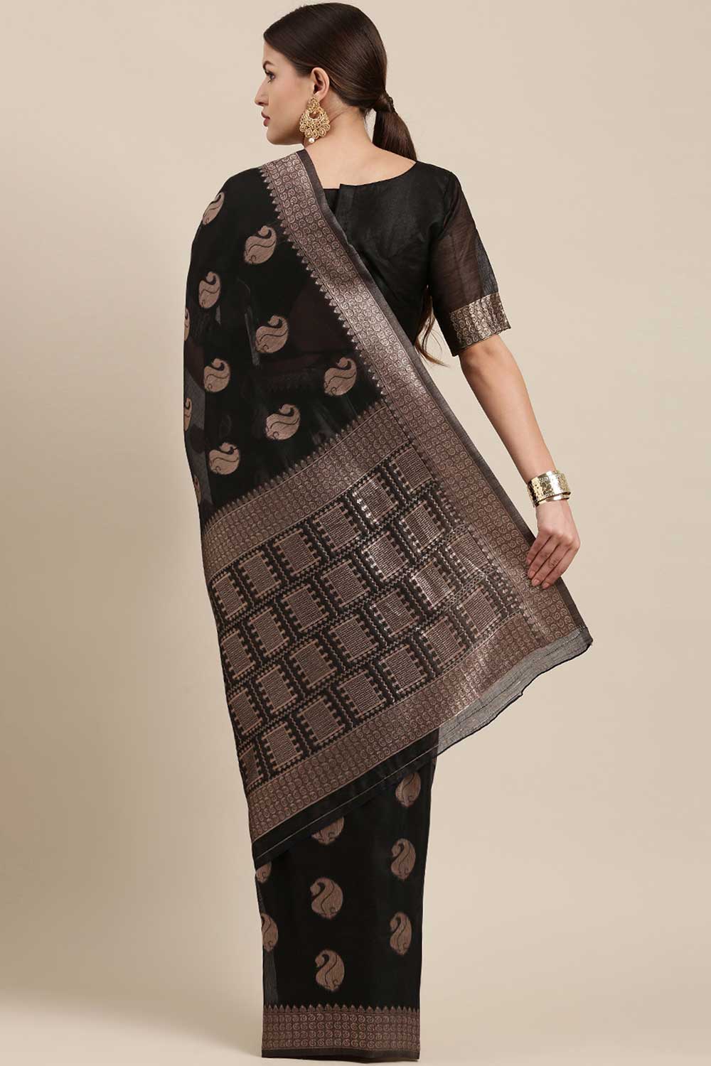 Shop Anji Black Bagh Blended Linen One Minute Saree at best offer at our  Store - One Minute Saree
