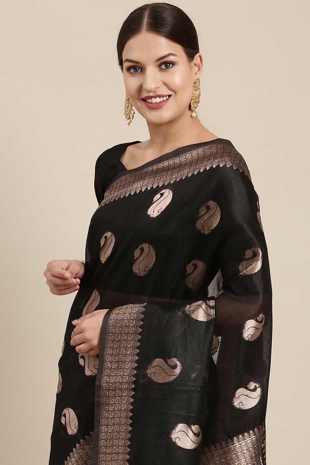 Buy Anji Black Bagh Blended Linen One Minute Saree Online