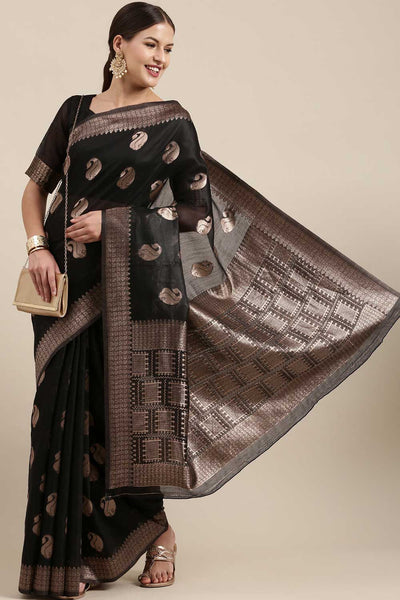 Buy Anji Black Bagh Blended Linen One Minute Saree Online - Back
