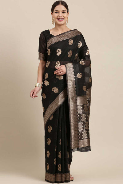 Buy Anji Black Bagh Blended Linen One Minute Saree Online - One Minute Saree