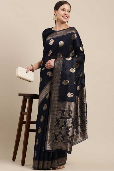 Buy Taara Navy Blue Bagh Blended Linen One Minute Saree Online