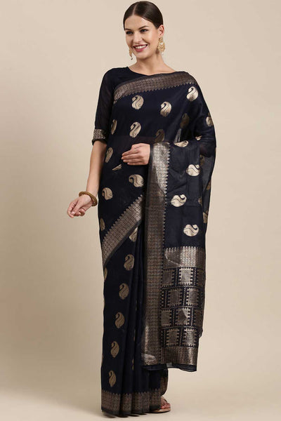 Buy Taara Navy Blue Bagh Blended Linen One Minute Saree Online - One Minute Saree