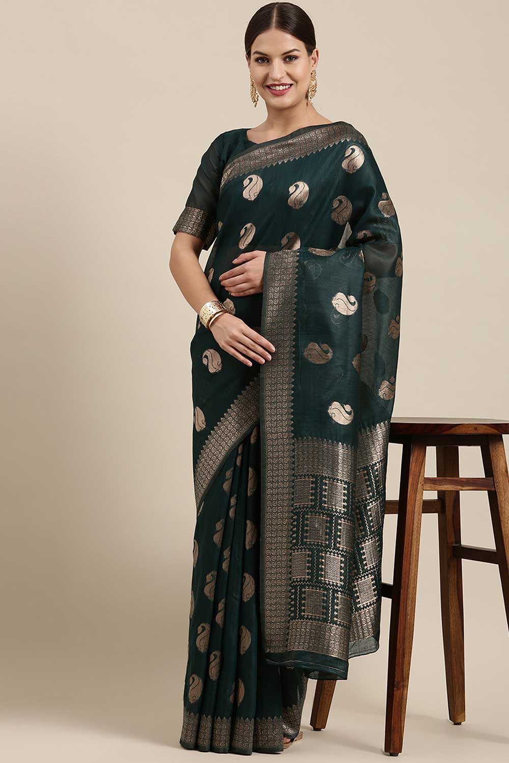 Buy Tanya Green Bagh Blended Linen One Minute Saree Online
