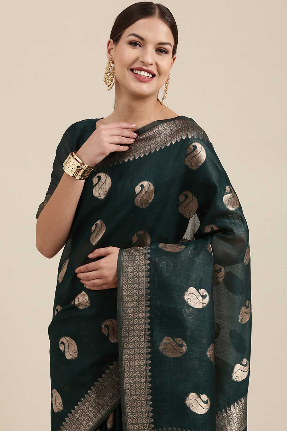 Buy Tanya Green Bagh Blended Linen One Minute Saree Online - Back