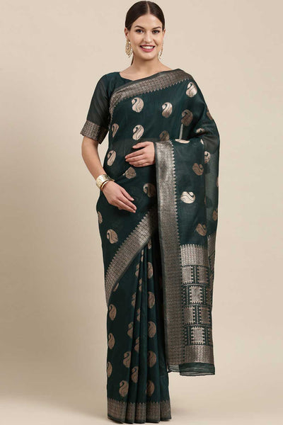 Buy Tanya Green Bagh Blended Linen One Minute Saree Online - One Minute Saree