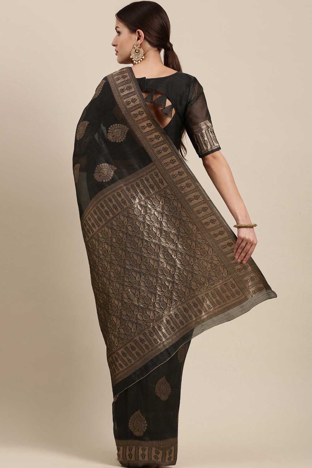 Shop Shubhi Charcoal Grey Bagh Blended Linen One Minute Saree at best offer at our  Store - One Minute Saree