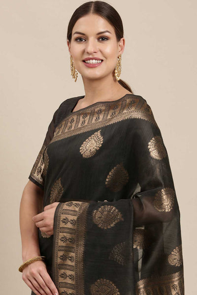 Buy Shubhi Charcoal Grey Bagh Blended Linen One Minute Saree Online