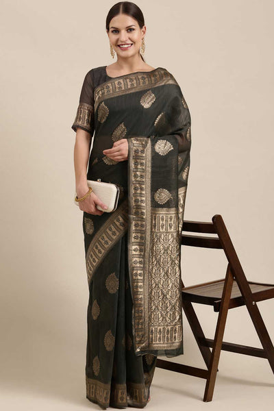Buy Shubhi Charcoal Grey Bagh Blended Linen One Minute Saree Online - Back
