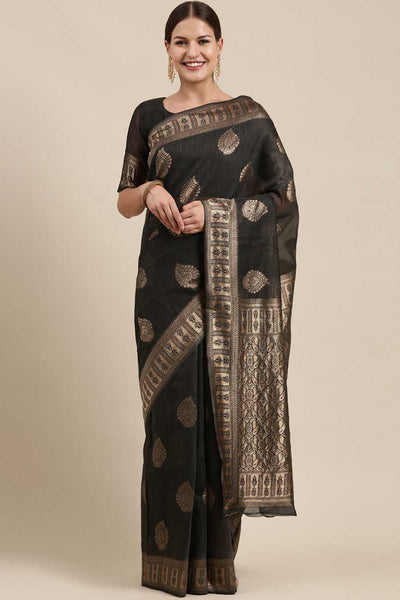 Buy Shubhi Charcoal Grey Bagh Blended Linen One Minute Saree Online - One Minute Saree