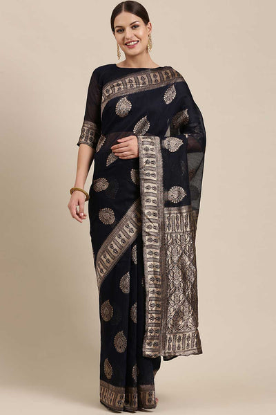 Buy Pari Navy Blue Bagh Blended Linen One Minute Saree Online - One Minute Saree