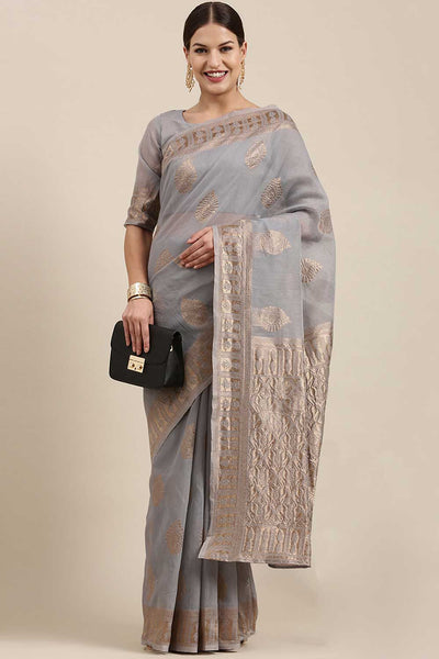 Buy Gina Grey Bagh Blended Linen One Minute Saree Online
