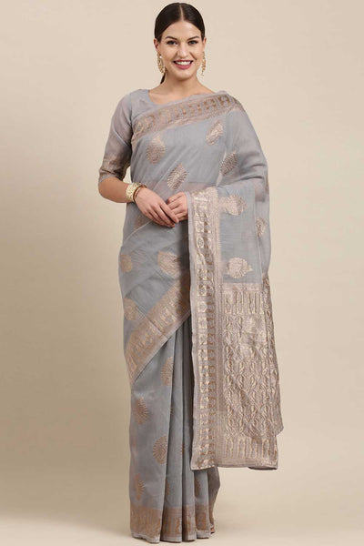 Buy Gina Grey Bagh Blended Linen One Minute Saree Online - One Minute Saree