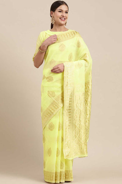 Buy Martina Lemon Yellow Bagh Blended Linen One Minute Saree Online - One Minute Saree