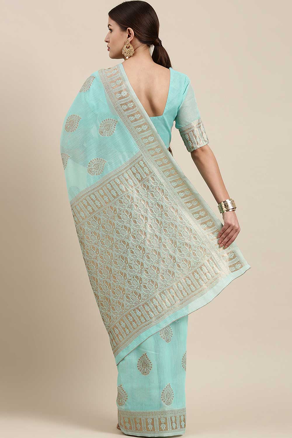 Shop Arielle Sea Green Bagh Blended Linen One Minute Saree at best offer at our  Store - One Minute Saree