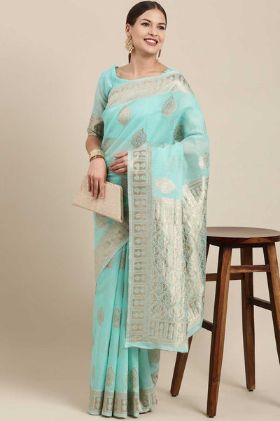 Buy Arielle Sea Green Bagh Blended Linen One Minute Saree Online