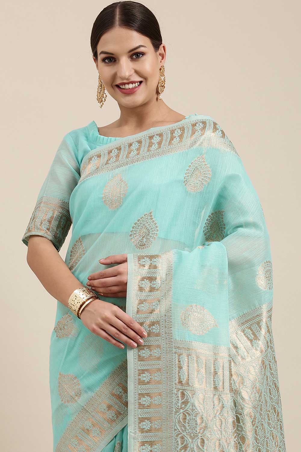 Buy Arielle Sea Green Bagh Blended Linen One Minute Saree Online - Back