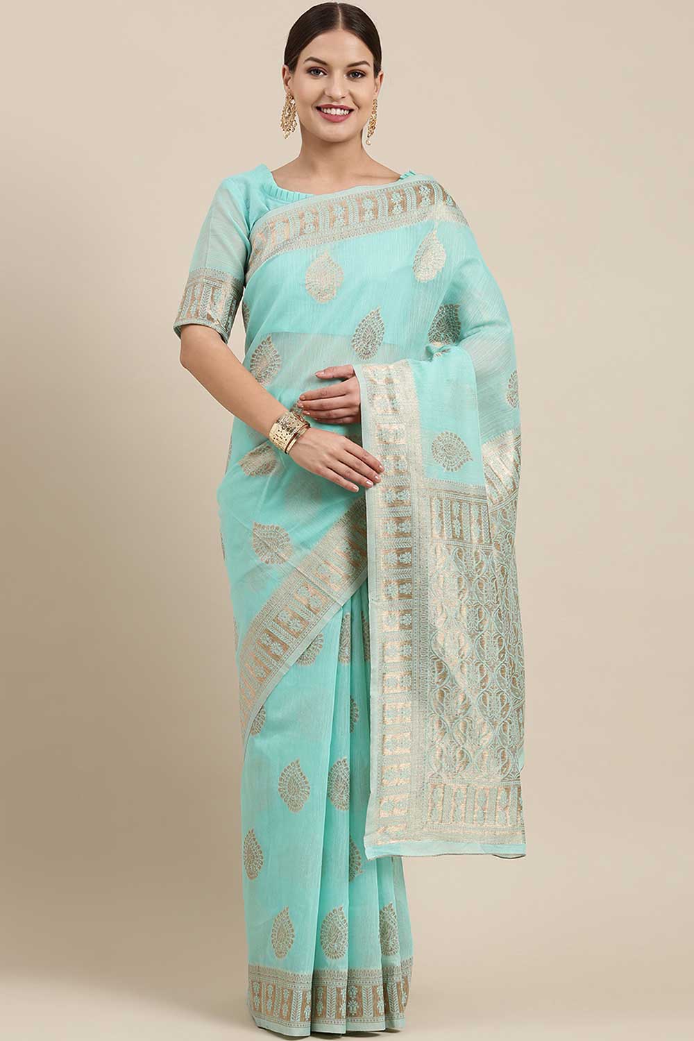 Buy Arielle Sea Green Bagh Blended Linen One Minute Saree Online - One Minute Saree