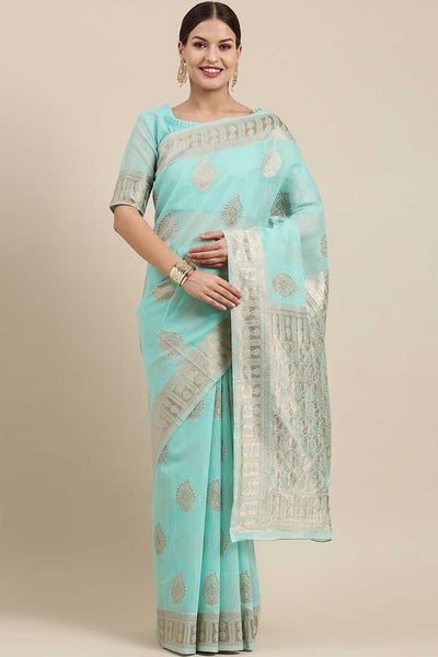 Buy Arielle Sea Green Bagh Blended Linen One Minute Saree Online - One Minute Saree