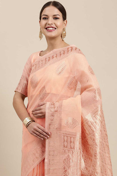 Buy Chaya Peach Bagh Blended Linen One Minute Saree Online - Back