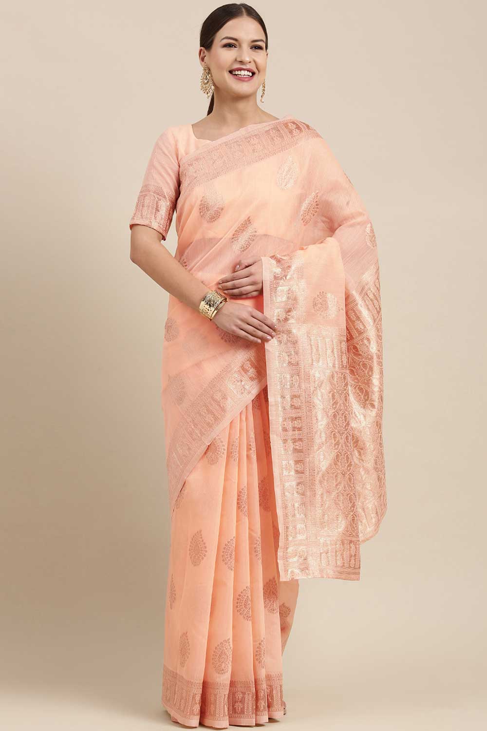 Buy Chaya Peach Bagh Blended Linen One Minute Saree Online - One Minute Saree