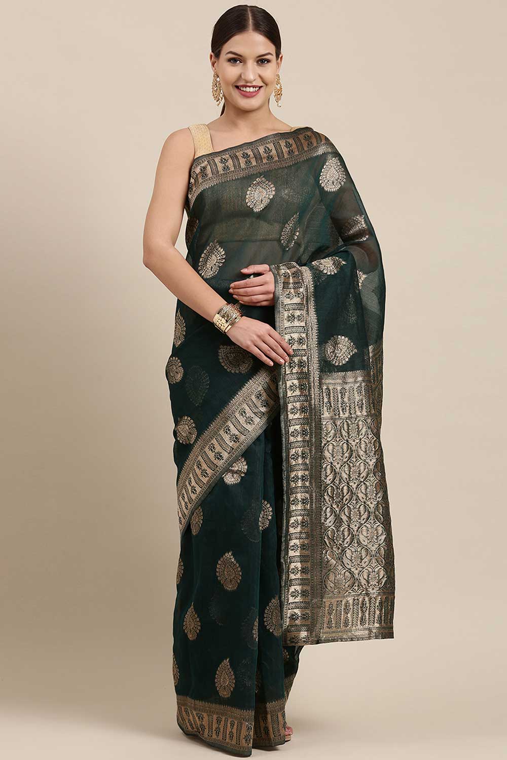 Buy Karish Green Bagh Blended Linen One Minute Saree Online - One Minute Saree