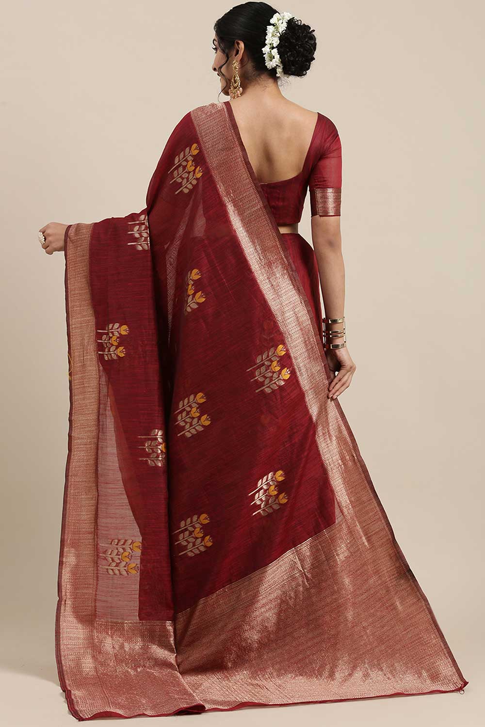 Shop Emi Burgundy Floral Woven Linen One Minute Saree at best offer at our  Store - One Minute Saree