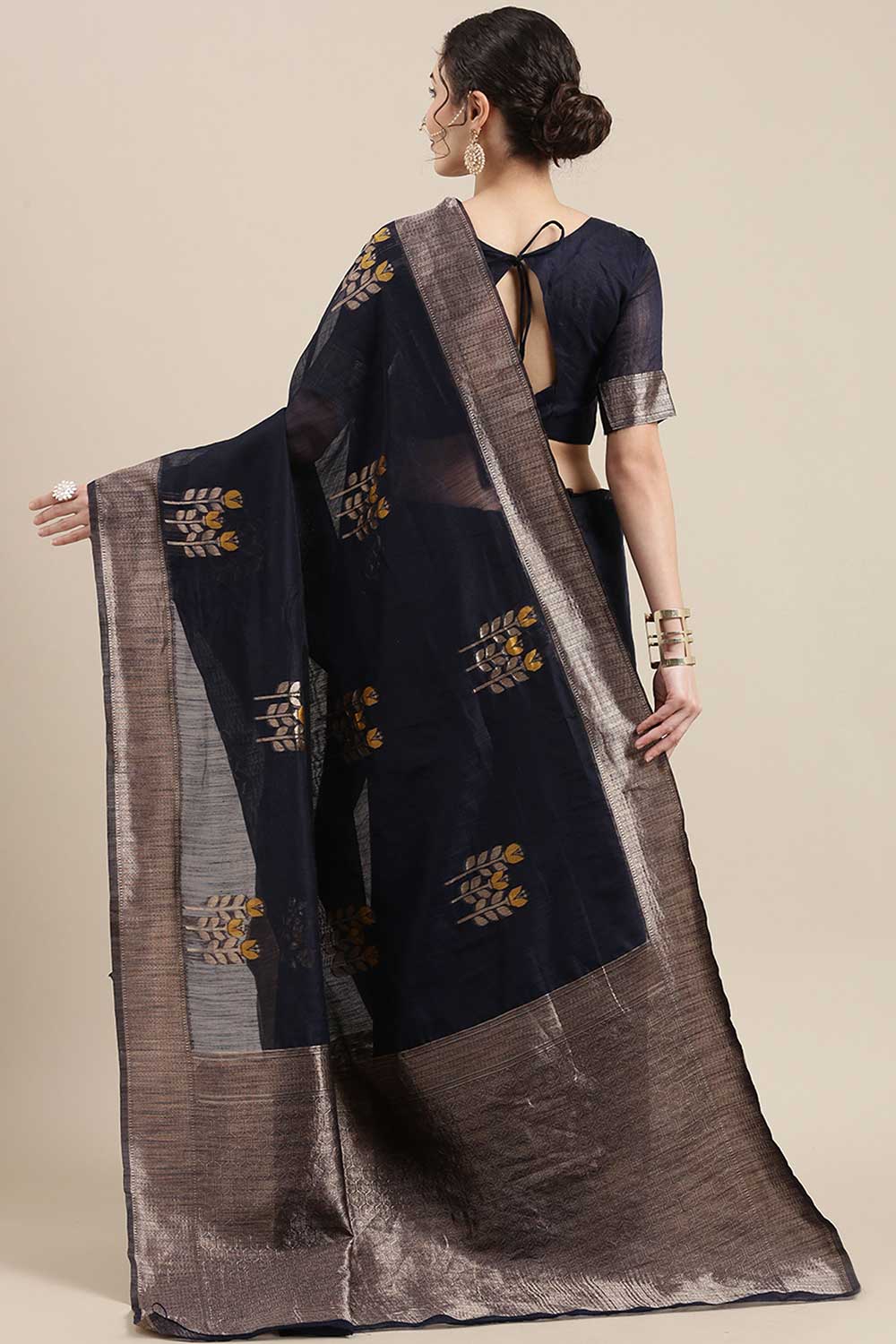 Shop Nisha Navy Blue Floral Woven Linen One Minute Saree at best offer at our  Store - One Minute Saree