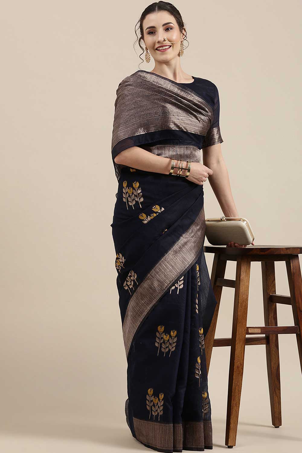 Buy Nisha Navy Blue Floral Woven Linen One Minute Saree Online