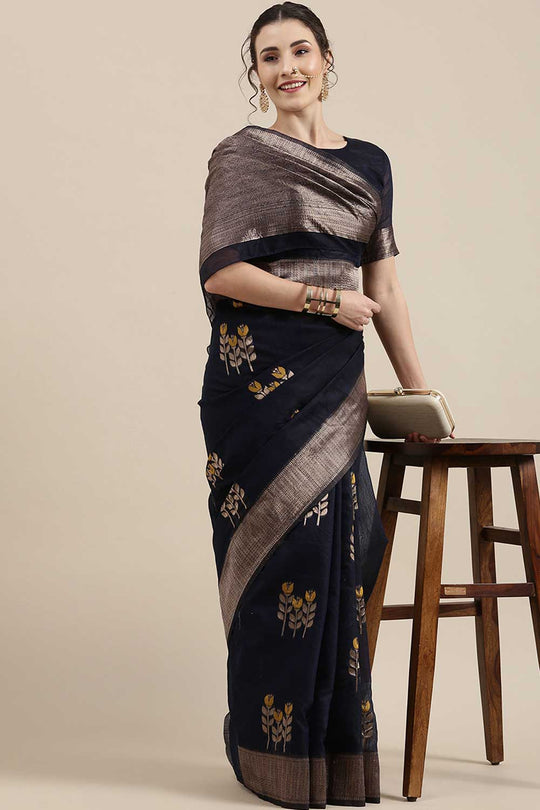 Buy Nisha Navy Blue Floral Woven Linen One Minute Saree Online