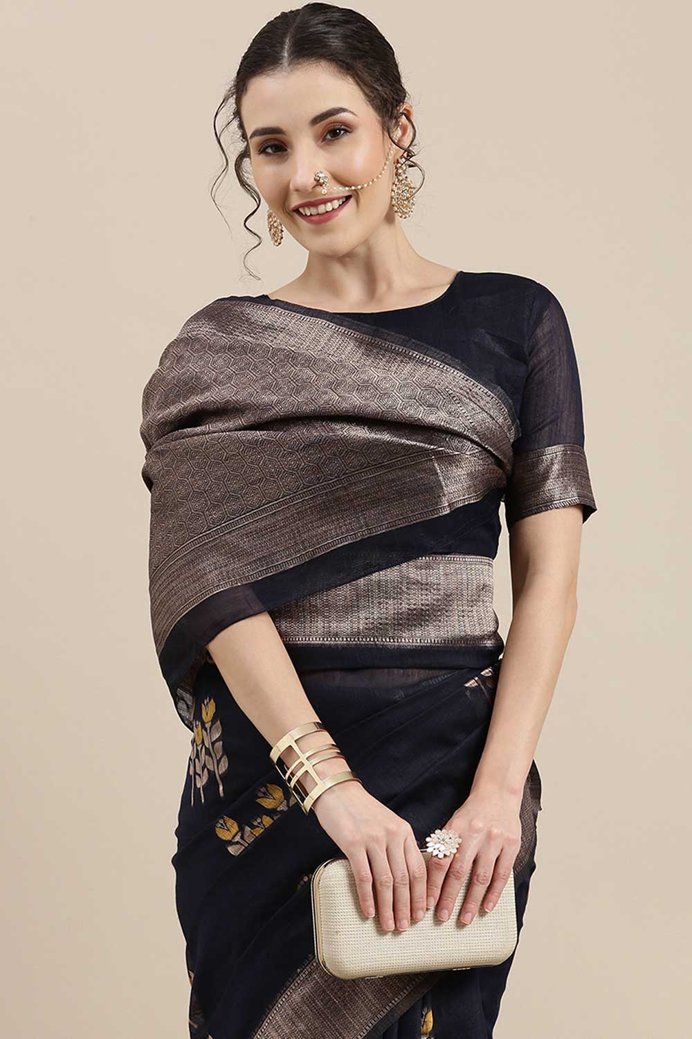 Buy Nisha Navy Blue Floral Woven Linen One Minute Saree Online - Back