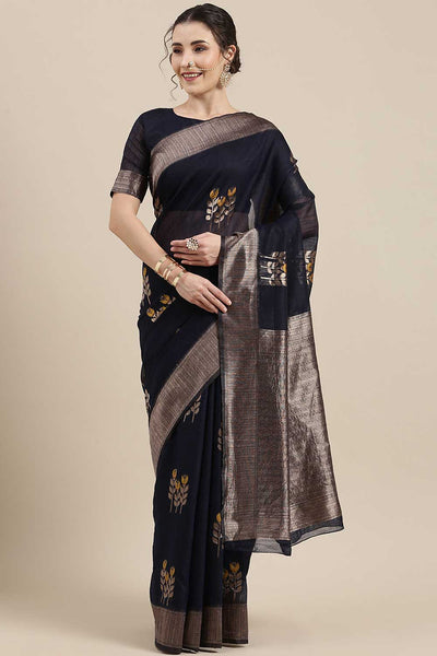 Buy Nisha Navy Blue Floral Woven Linen One Minute Saree Online - One Minute Saree