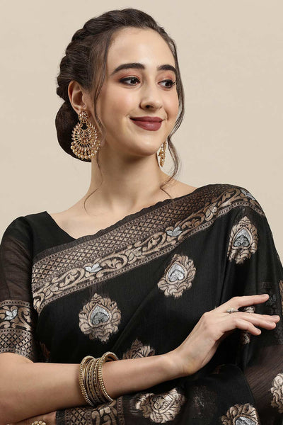 Buy Karishma Black Zari Woven Linen One Minute Saree Online